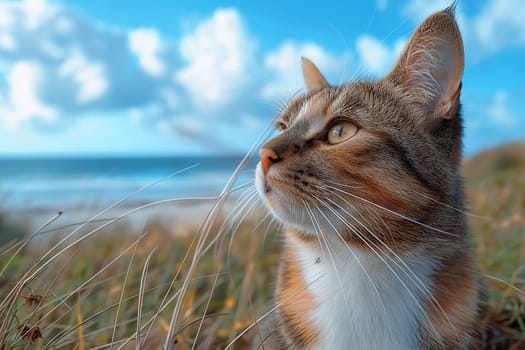 A young calico cat exploring miami beach during daylight.