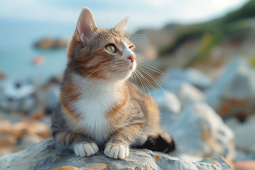 A young calico cat exploring miami beach during daylight.