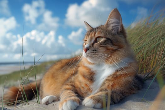 A young calico cat exploring miami beach during daylight.