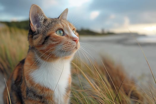 A young calico cat exploring a pebble covered beach during daylight.