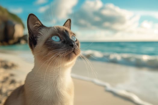 Siamese cat on the beach watching the landscape in a sunny day