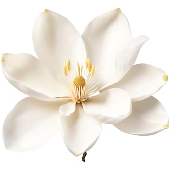 White magnolia large waxy petals creamy hue central cluster of stamens Magnolia grandiflora. Flowers isolated on transparent background.