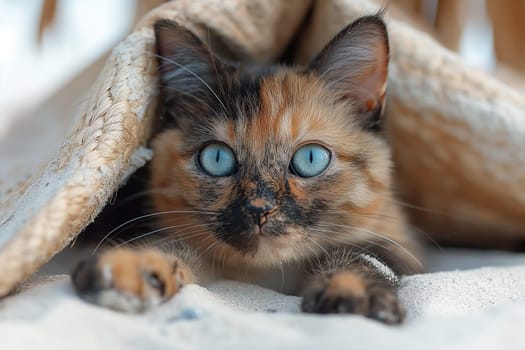 Tortoiseshell cat relaxing at beach on sunny day