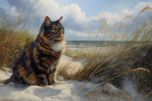 Tortoiseshell cat relaxing at beach on sunny day