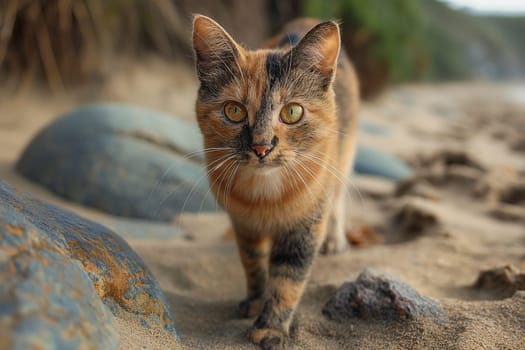 Tortoiseshell cat relaxing at beach on sunny day