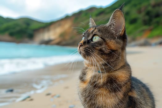 Tortoiseshell cat relaxing at beach on sunny day