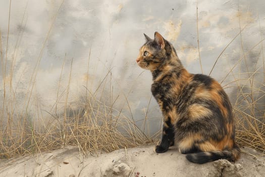 Tortoiseshell cat relaxing at beach on sunny day