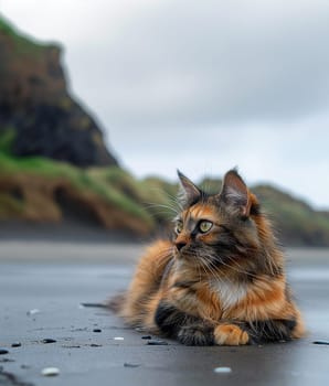 Tortoiseshell cat relaxing at beach on sunny day