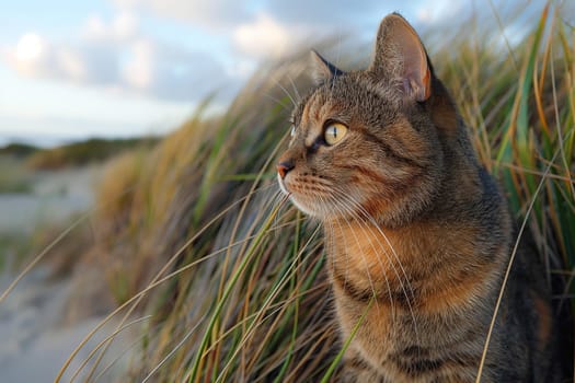 Tortoiseshell cat relaxing at beach on sunny day