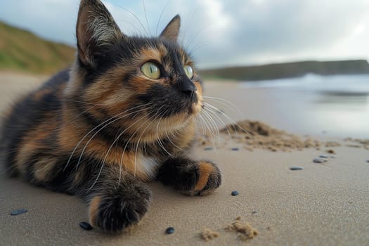 Tortoiseshell cat relaxing at beach on sunny day