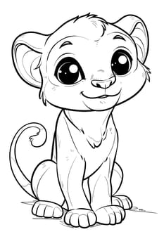 A cartoon drawing of a lion cub sitting down, with a cute smile on its face. The image is black and white, showcasing details like its nose, jaw, and paws