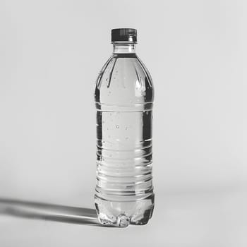 A plastic water bottle with a black cap containing mineral water is placed on a table, ready to be used as drinkware for a refreshing fluid solution