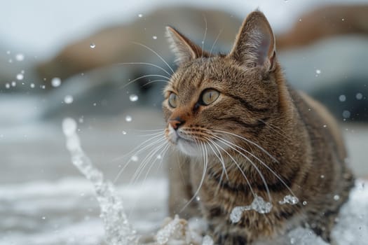 A cat on a beach looking at the sea, in a sunny beautiful sunny day