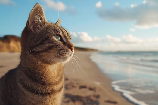 A cat on a beach looking at the sea, in a sunny beautiful sunny day