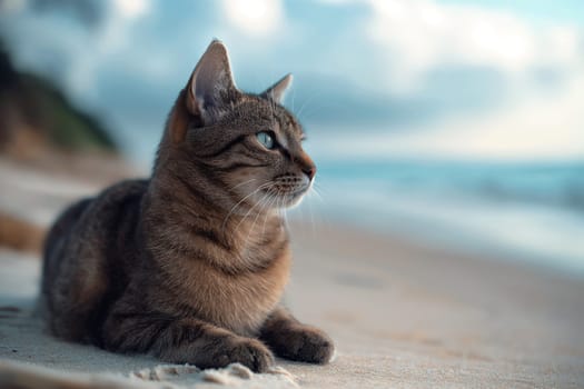 A cat at the beach relaxing sitting on sand on a sunny beautiful day