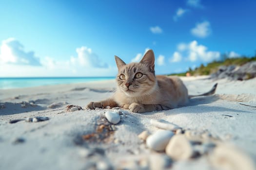 A cat at the beach relaxing sitting on sand on a sunny beautiful day