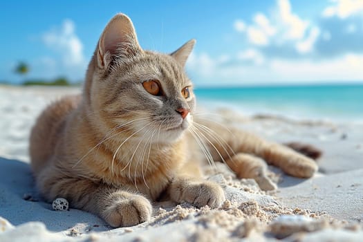 A cat at the beach relaxing sitting on sand on a sunny beautiful day