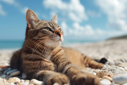 A cat at the beach relaxing sitting on sand on a sunny beautiful day