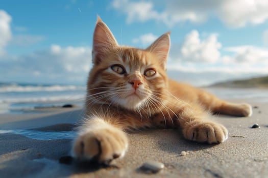 A cat at the beach relaxing sitting on sand on a sunny beautiful day