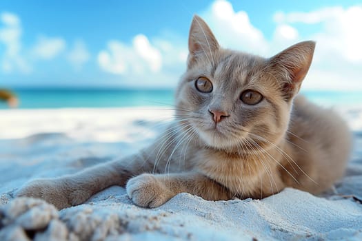 A cat at the beach relaxing sitting on sand on a sunny beautiful day