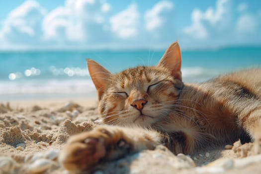 A cat at the beach relaxing sitting on sand on a sunny beautiful day