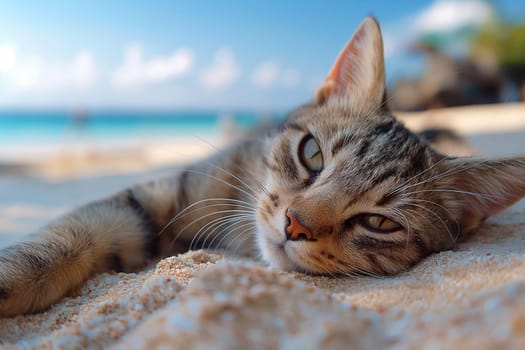 A cat at the beach relaxing sitting on sand on a sunny beautiful day