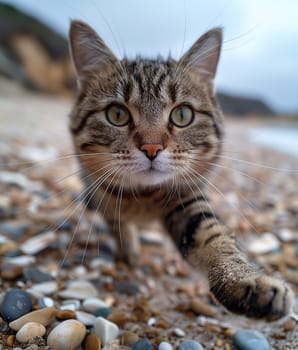 A cat on a pebble beach on sunny day