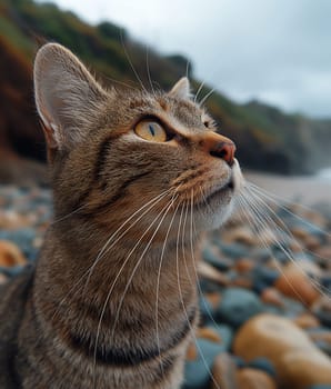 A cat on a pebble beach on sunny day