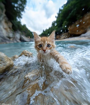 A cat walking at the beach with beautiful sunset, peaceful day