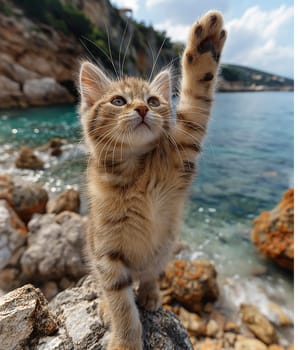 A cat walking at the beach with beautiful sunset, peaceful day