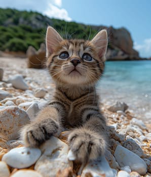 A cat walking at the beach with beautiful sunset, peaceful day