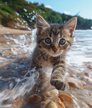 A cat walking at the beach with beautiful sunset, peaceful day