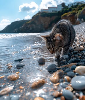 A cat on a pebble beach on sunny day