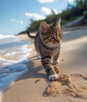 A cat walking at the beach with beautiful sunset, peaceful day