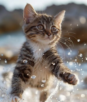 A cat walking at the beach with beautiful sunset, peaceful day