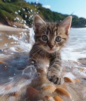 A cat walking at the beach with beautiful sunset, peaceful day