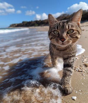 A cat walking at the beach with beautiful sunset, peaceful day