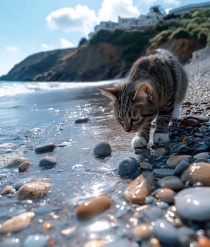 A cat on a pebble beach on sunny day