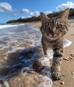 A cat walking at the beach with beautiful sunset, peaceful day