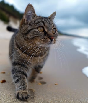 A cat walking at the beach with beautiful sunset, peaceful day