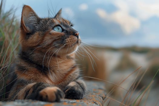 A cat on a tropical beach on sunny day