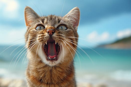 An orange cat yawing at the beach