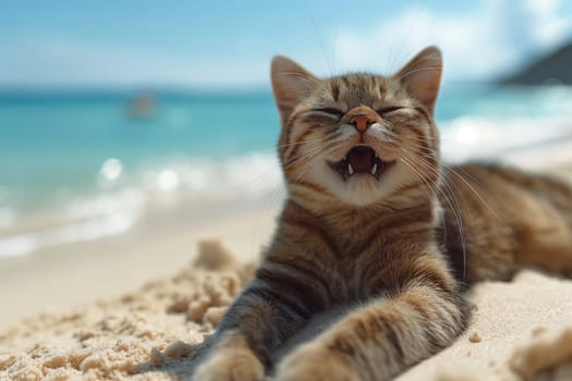 An orange cat yawing at the beach