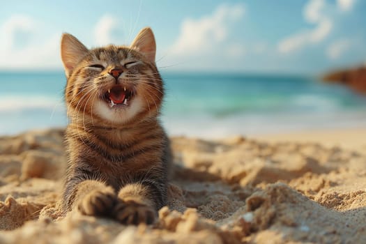 An orange cat yawing at the beach