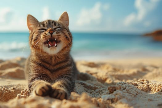 An orange cat yawing at the beach