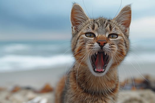 An orange cat yawing at the beach