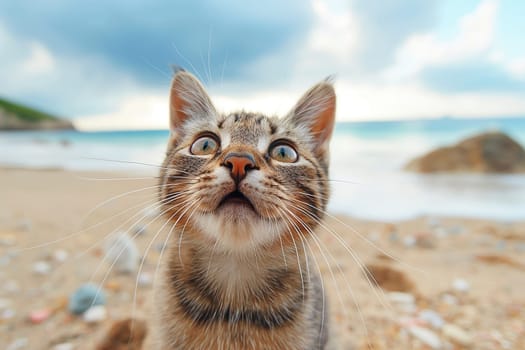 An orange cat yawing at the beach