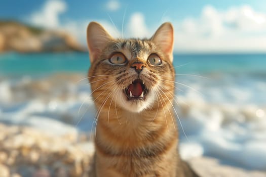 An orange cat yawing at the beach