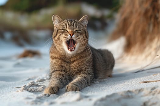 An orange cat yawing at the beach