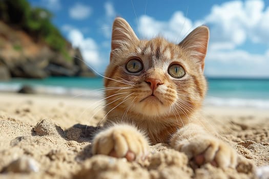 A cat on a beach looking at the sea, in a sunny beautiful sunny day